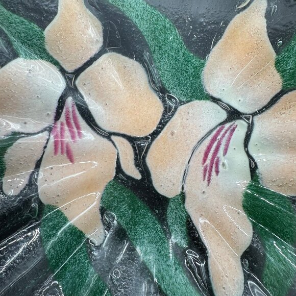 Fused Glass Bowl Pink Iris Flowers Ruffled Edge Signed Art Dish Sydenstricker - Picture 4 of 8